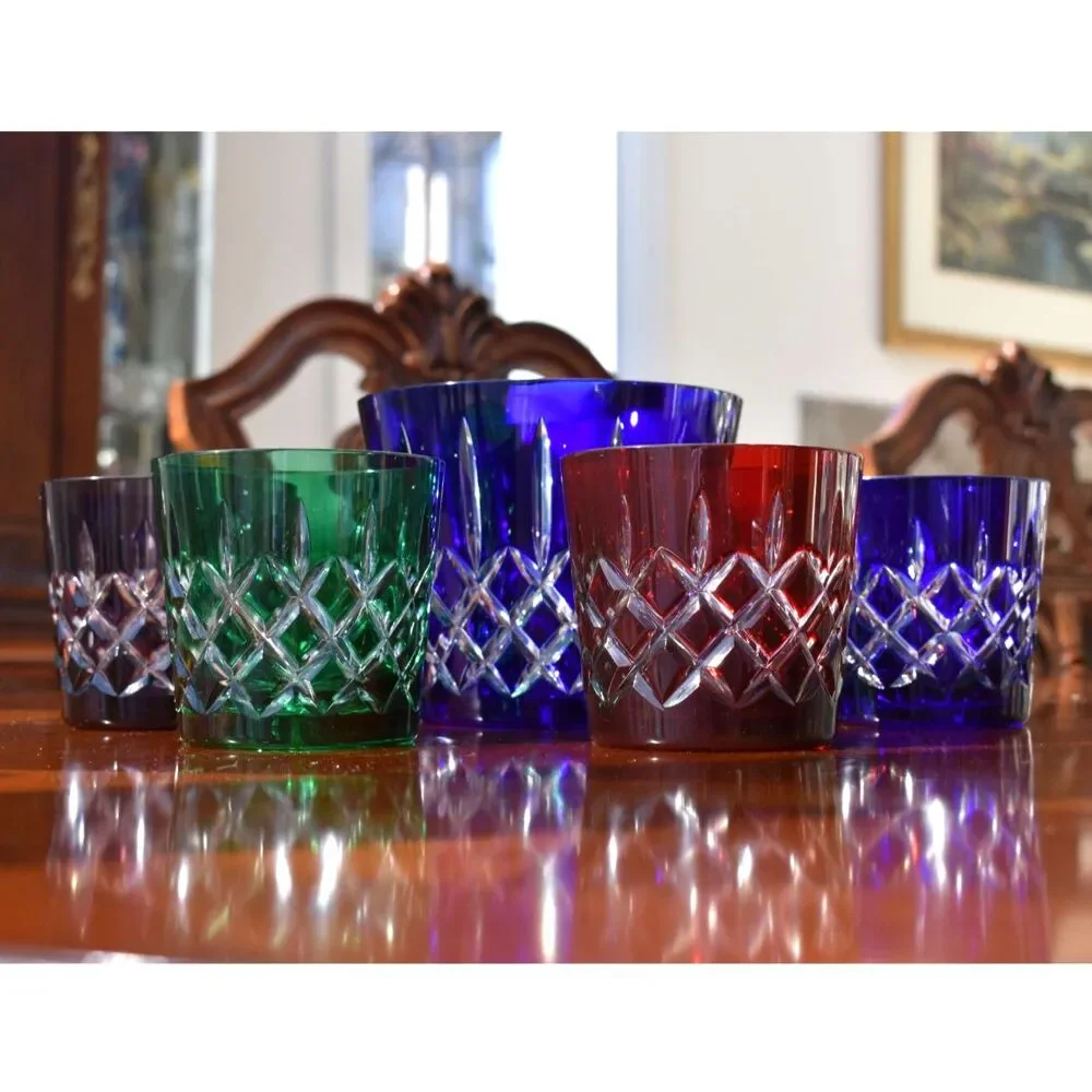 Vintage Set of AJKA Colored Crystal Old Fashioned Glasses with Ice Bucket